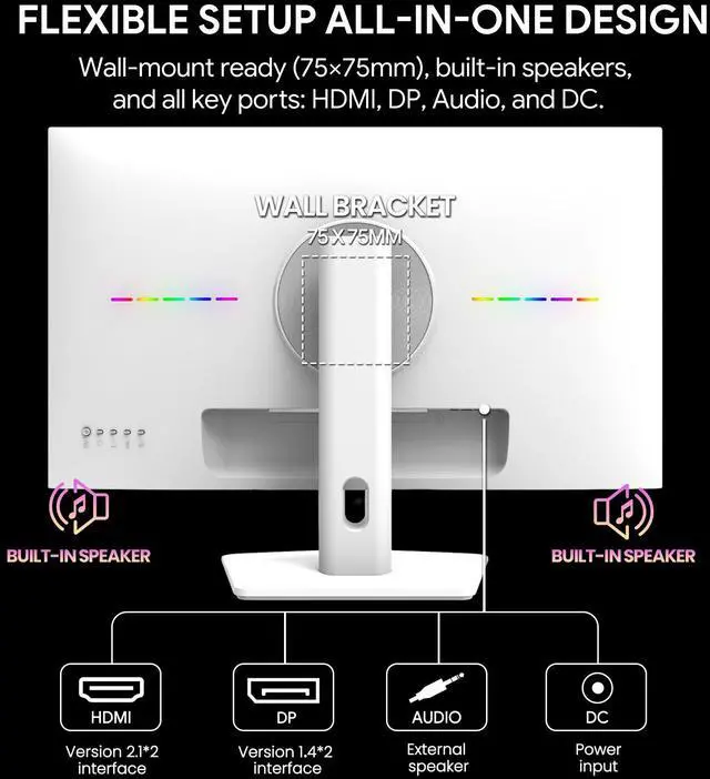 Alt view image 6 of 7 - CRUA 27 Inch Gaming Monitor 360HZ, 2K QHD 2560x1440 IPS Panel White Computer Monitors with Built in Speakers, Support AMD FreeSync, 120% sRGB, Blue Light Filter, DP1.4 & HDMI2.1, Wall Mountable