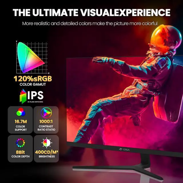 Alt view image 4 of 7 - CRUA 27" Gaming Monitor, 360Hz IPS Computer Monitor, FHD 1920×1080, 120% sRGB, AMD FreeSync Compatible, 2×HDMI 2.0, 2×DisplayPort 1.4, VESA Mount, Black