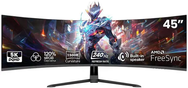 Main image of CRUA 45" DQHD 240Hz Curved Gaming Monitor, 5120x1440 32:9 Ultrawide Monitor, 1500R VA, 120% sRGB, FreeSync, Built-in Speakers, HDMI 2.1, DP 1.4, 100x100mm Wall Mount, Black