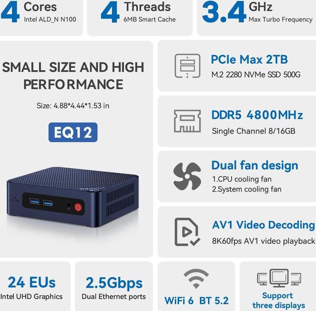 Beelink Mini PC, EQ12 Mini Computers Alder Lake N100(up to 3.4GHz) 4C/4T,  Desktop Computers 16G DDR5 RAM 500G SSD 4K 60Hz USB-C&Dual HDMI WiFi