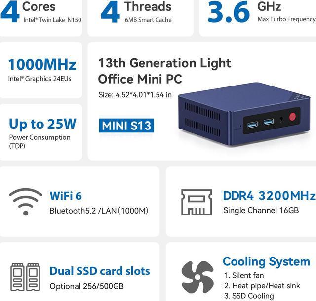 Alt view image 3 of 7 - Beelink Mini PC N150 Intel 13th Gen (up to 3.6GHz), Mini S13 16GB DDR4 RAM 500GB SSD,W11,Dual 4K Display LAN 1000M