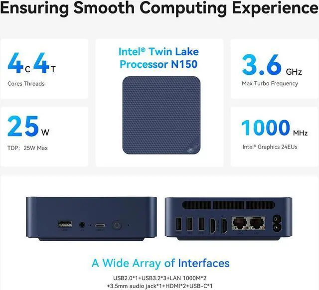 Alt view image 3 of 7 - Beelink Mini PC EQ14 Intel Twin Lake N150(Upgraded N100), 16GB DDR4 500GB M.2 SSD, Dual LAN Mini Computer,Desktop PC Dual Display