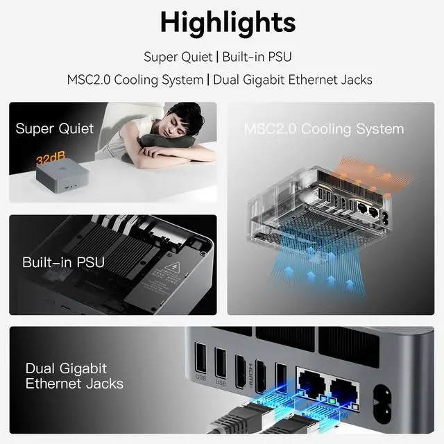 Alt view image 6 of 7 - Beelink EQR6 Mini PC, AMD Ryzen 5 6600U(up to 4.5GHz),24G LPDDR5,RAM 1T NVME SSD,Dual 1000Mbps Ethernet LAN,Dual HDMI,WiFi6,Bluetooth5.2