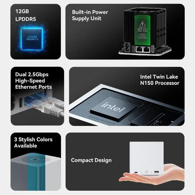 Alt view image 3 of 7 - Beelink Me Mini, Mini PC NAS, Intel N150 CPU, 12GB LPDDR5, 64GB eMMC, 6*M.2 PCIe3.0 SSD Slots(MAX 24TB), Dual 2.5G LAN/WiFi6/BT5.2/USB3.2/HDMI