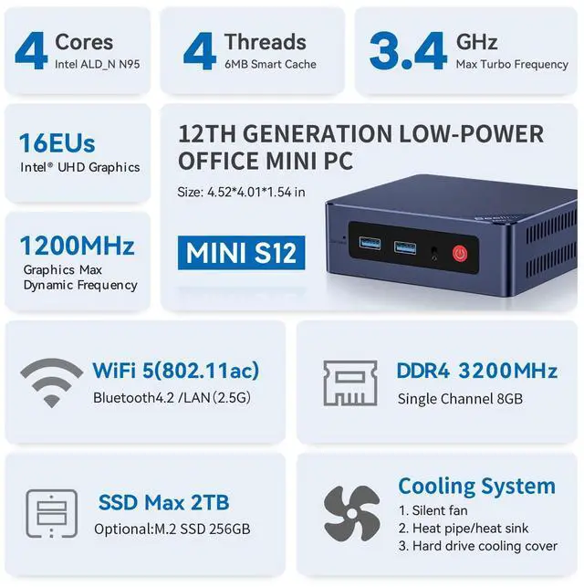 Alt view image 3 of 7 - Beelink MINI PC N95 MINI S 12 (up to 3.4GHz),12GB DDR4 RAM, 256GB SSD,PCIE,WiFi5,Bluetooth 4.2 office mini pc/2.5Gbps/W11 Home