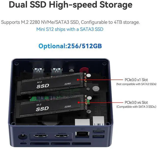 Alt view image 5 of 7 - Beelink MINI PC N95 MINI S 12 (up to 3.4GHz),12GB DDR4 RAM, 256GB SSD,PCIE,WiFi5,Bluetooth 4.2 office mini pc/2.5Gbps/W11 Home