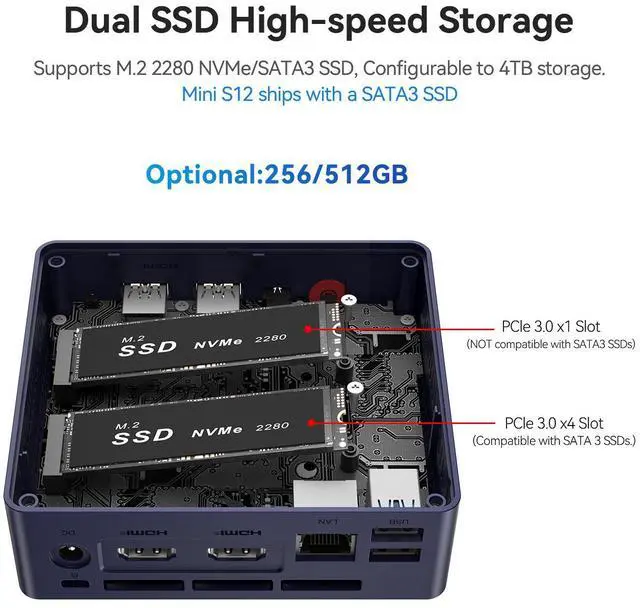 Alt view image 6 of 7 - Beelink MINI PC N95 MINI S 12 (up to 3.4GHz),12GB LPDDR5 RAM, 480GB SSD,PCIE,WiFi5,Bluetooth 4.2 mini micro computer/2.5Gbps/W11 Home