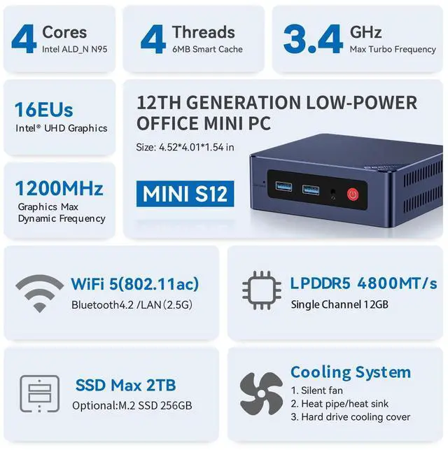 Alt view image 4 of 7 - Beelink MINI PC N95 MINI S 12 (up to 3.4GHz),12GB LPDDR5 RAM, 480GB SSD,PCIE,WiFi5,Bluetooth 4.2 mini micro computer/2.5Gbps/W11 Home