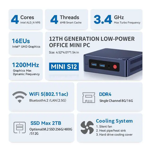 Alt view image 4 of 7 - Beelink MINI PC 12th Alder Lake N95, MINI S 12 (up to 3.4GHz),8GB DDR4 RAM, 480GB SSD,PCIE,WiFi5,Bluetooth 4.2 office micro pc/2.5Gbps/W11 Home