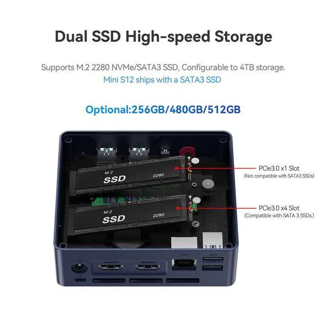 Alt view image 6 of 7 - Beelink MINI PC 12th Alder Lake N95, MINI S 12 (up to 3.4GHz),8GB DDR4 RAM, 480GB SSD,PCIE,WiFi5,Bluetooth 4.2 office micro pc/2.5Gbps/W11 Home