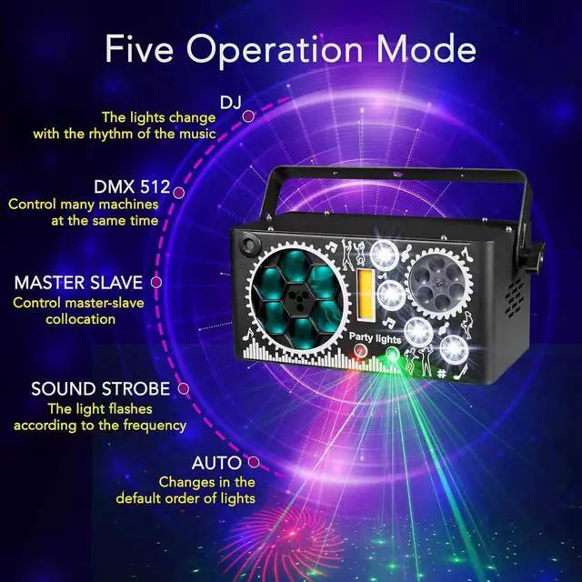 Alt view image 4 of 6 - BAKOD 7-in-1 World Window Party Light  LED + Laser + GOBO DJ Light with Sound & DMX Control for DJ, Disco, Party, Club, Bar, Parties