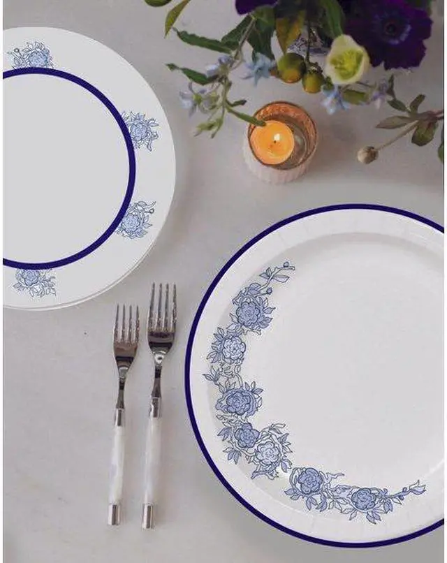 Alt view image 2 of 3 - 10 inch Beautifully Designed Blue Floral Paper Plates - Luxury Disposable Tableware. Carton of 420 Counts.
