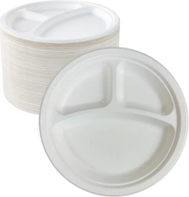 Main image of 500 Pack 10" Compostable 3 Compartment Plates, Eco-Friendly Sugarcane Bagasse Plates for Party Dinner, Heavy-Duty Disposable Biodegradable Paper Plates