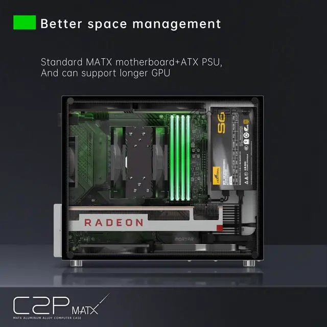 Alt view image 5 of 7 - ZZEW Micro ATX Case C2P Mini-Tower mATX/ITX/DTX Case Aluminum Gaming M-ATX Mini-ITX PC Case with Tempered Glass Side Panel Supporting Supporting Large GPUs