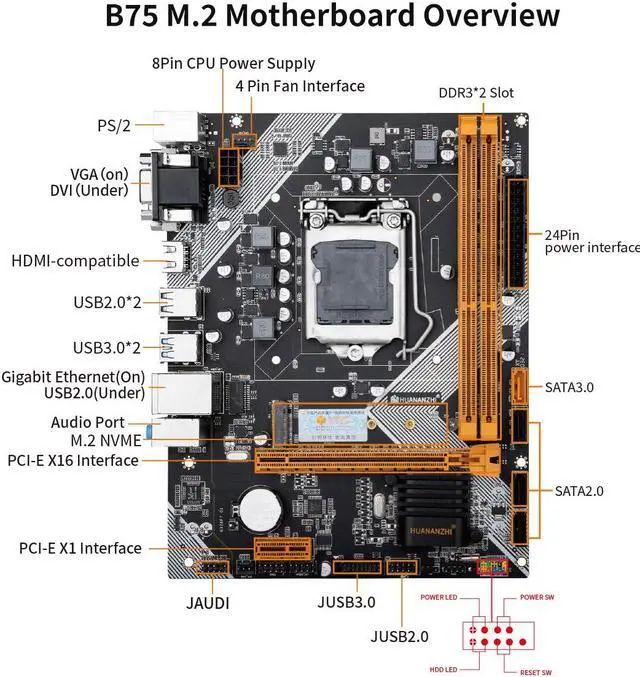 Alt view image 6 of 7 - HUANANZHI B75 M.2 Motherboard M-ATX For LGA 1155 i3 i5 i7 E3 DDR3 1333/1600MHz 16GB SATA3.0 USB3.0 M.2 VGA HDMI-Compatible