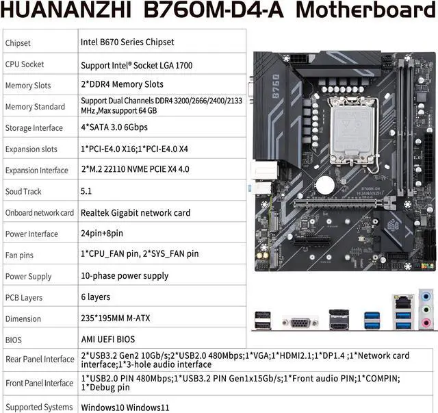 Alt view image 7 of 7 - HUANANZHI B760 D4 M-ATX DDR4 Motherboard Support 12 13 Gen( LGA 1700 CPU 12100F 12400F 12490F 12600F 12700F 13600F)