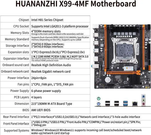 Alt view image 2 of 7 - HUANANZHI X99 4MF LGA 2011-3 X99 Motherboard E5 2620 2640 2666 2670 2678 V3 V4 support DDR4 RECC NON-ECC Memory NVME