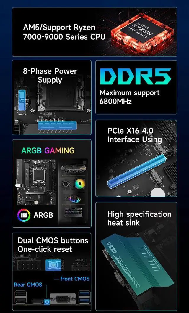 Alt view image 3 of 6 - HUANANZHI B650M B PRO AMD AM5 Motherboard Support Ryzen R5 R7 7000 8000 9000 Series M.2 NVME WIFI Dual Channel DDR5 EXPO RAM