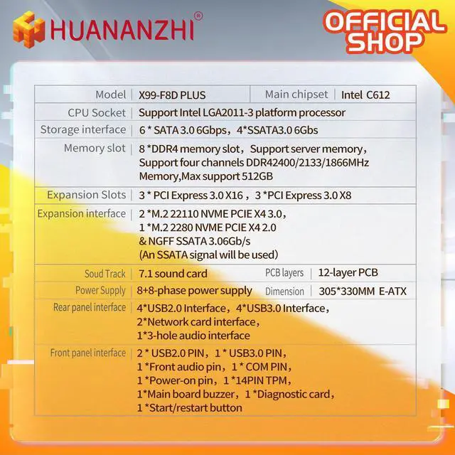 Alt view image 2 of 6 - HUANANZHI X99 F8D PLUS LGA 2011-3 X99 Motherboard support Dual CPU E5 2640 2666 2670 2696 V3 V4 DDR4 RECC NVME NGFF