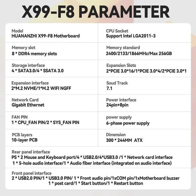 Alt view image 2 of 5 - HUANANZHI X99 F8 LGA 2011-3 X99 Motherboard support E5 2640 2666 2670 2678 2696 v3 v4 DDR4 RECC NON-ECC memory NVME