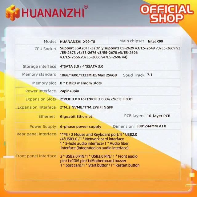 Alt view image 2 of 7 - HUANANZHI X99 T8 LGA 2011-3 X99 Motherboard support E5 2696 2678 2676 2673 2666 V3 support DDR3 RECC memory NVME