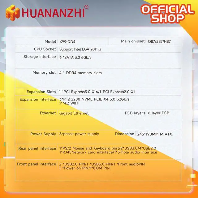 Alt view image 5 of 6 - HUANANZHI X99 QD4 LGA 2011-3 X99 Motherboard support E5 2620 2640 2650 2666 2670 2680 2690 2696 2699 V3 V4 All Series