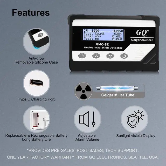 Alt view image 2 of 6 - GQ GMC-SE Geiger Counter Radiation Detector Beta Gamma X-ray Portable Radiation Monitor Meter Digital Nuclear Radiation Dosimeter, Automatic Data Recording Device, Drop-Proof Silicone Case (Black)