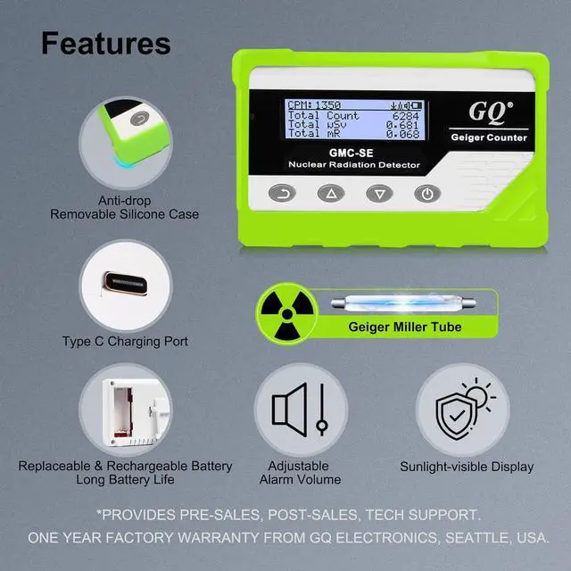 Alt view image 5 of 6 - GQ GMC-SE Geiger Counter Radiation Detector Beta Gamma X-ray Portable Radiation Monitor Meter Digital Nuclear Radiation Dosimeter, Automatic Data Recording Device, Drop-Proof Silicone Case (Green)