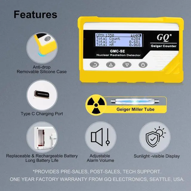 Alt view image 6 of 6 - GQ GMC-SE Geiger Counter Radiation Detector Beta Gamma X-ray Portable Radiation Monitor Meter Digital Nuclear Radiation Dosimeter, Automatic Data Recording Device, Drop-Proof Silicone Case (Yellow)