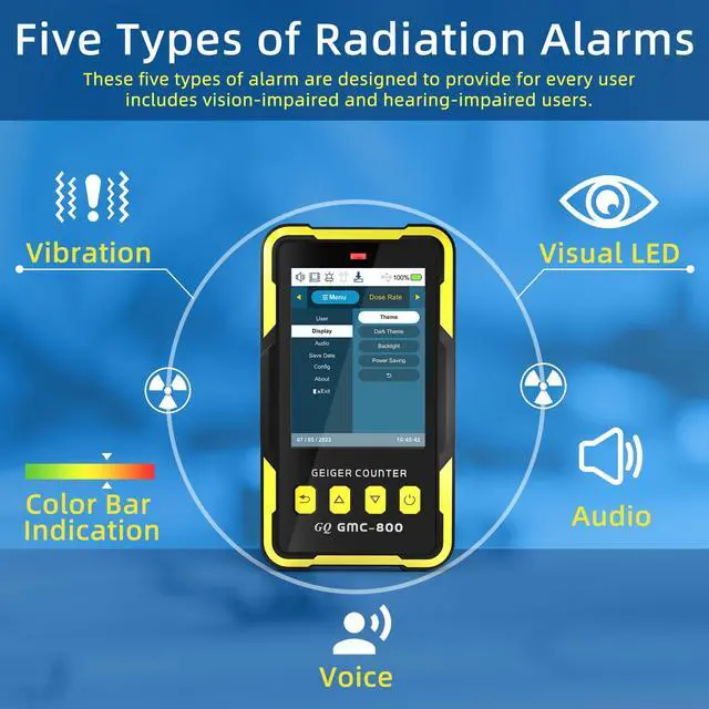 Alt view image 4 of 7 - Nuclear Radiation Detector GQ GMC-800 Geiger Counter USA Design Product US National Standard Large Color LCD Display 5 Alarm Types Dosimeter Data Save & Global Share Beta Gamma X-ray Portable Device