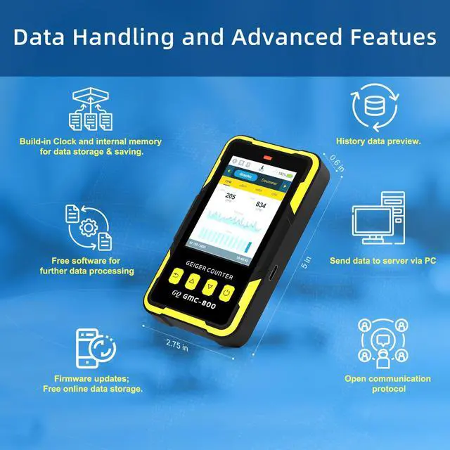 Alt view image 6 of 7 - Nuclear Radiation Detector GQ GMC-800 Geiger Counter USA Design Product US National Standard Large Color LCD Display 5 Alarm Types Dosimeter Data Save & Global Share Beta Gamma X-ray Portable Device