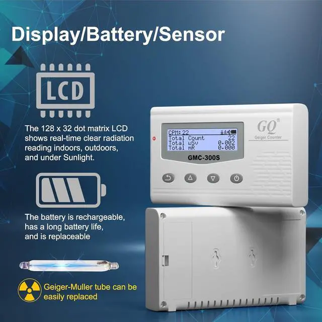 Alt view image 4 of 6 - Geiger Counter Nuclear Radiation Detector GQ GMC-300S Digital Nuclear Radiation Dosimeter with LCD Display, Portable Handheld Beta Gamma X-ray Rechargeable Radiation Monitor Meter