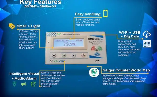 Alt view image 2 of 5 - GQ GMC-320V5 Geiger Counter Nuclear Radiation Detector Meter Dosimeter Beta Gamma X ray Wi-Fi Data Logger