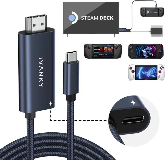 Main image of IVANKY 2-in-1 USB C to HDMI 100W Charging Cable Dock for Steam Deck ROG Ally X/MSI Claw, 4K@60Hz Nylon Braided Cable Portable Travel TV Adapter Connector for TV Screen Extend, Midnight Blue