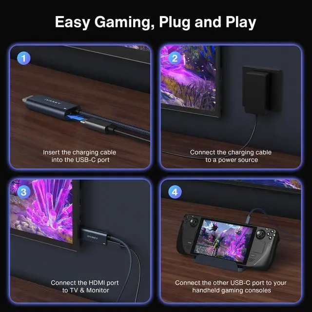 Alt view image 2 of 5 - IVANKY 2-in-1 USB C to HDMI 100W Charging Cable Dock for Steam Deck ROG Ally X/MSI Claw, 4K@60Hz Nylon Braided Cable Portable Travel TV Adapter Connector for TV Screen Extend, Midnight Blue