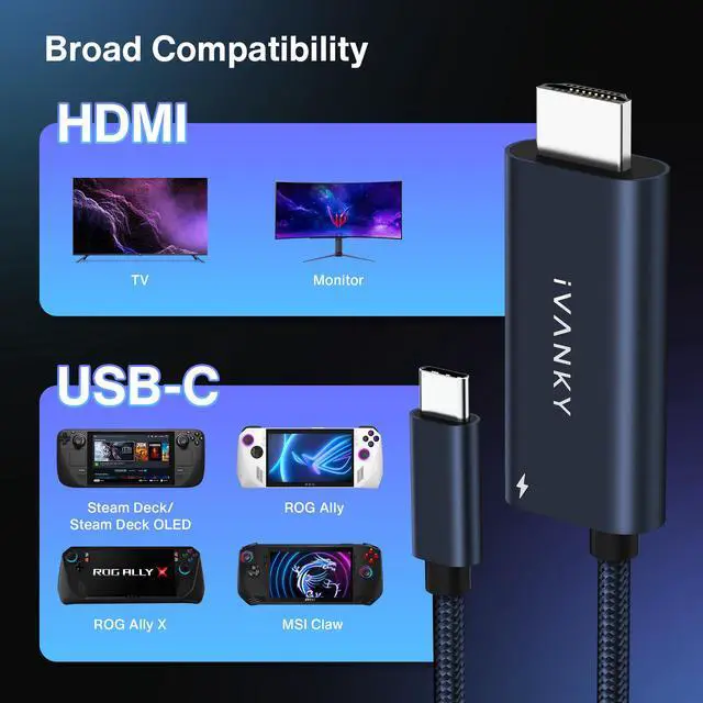 Alt view image 5 of 5 - IVANKY 2-in-1 USB C to HDMI 100W Charging Cable Dock for Steam Deck ROG Ally X/MSI Claw, 4K@60Hz Nylon Braided Cable Portable Travel TV Adapter Connector for TV Screen Extend, Midnight Blue