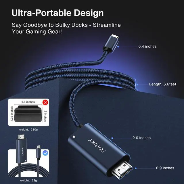 Alt view image 4 of 5 - IVANKY 2-in-1 USB C to HDMI 100W Charging Cable Dock for Steam Deck ROG Ally X/MSI Claw, 4K@60Hz Nylon Braided Cable Portable Travel TV Adapter Connector for TV Screen Extend, Midnight Blue