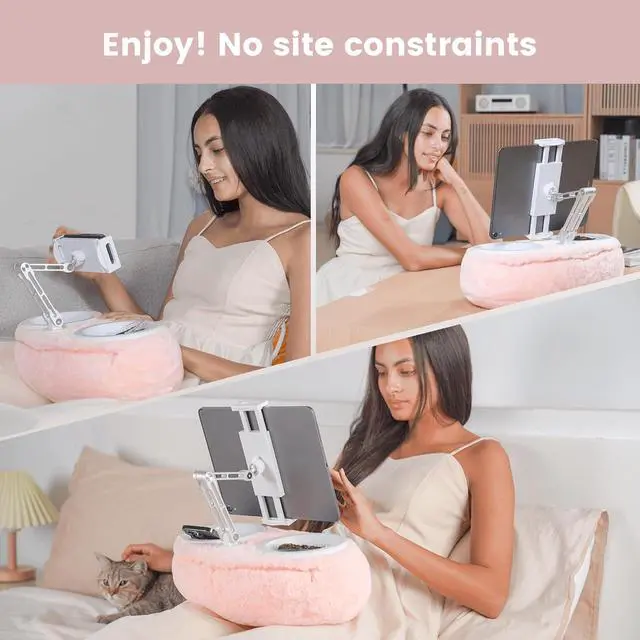Alt view image 6 of 6 - Tablet Stand Pillow, Kindle Pillow Stand, ipad Holder for Bed Compatible with iPad, iPhone, Samsung, Kindle, 360°Adjustable Phone Stand for Bed with Soft Plush Fabric, and Two Detachable Bowl-Pink