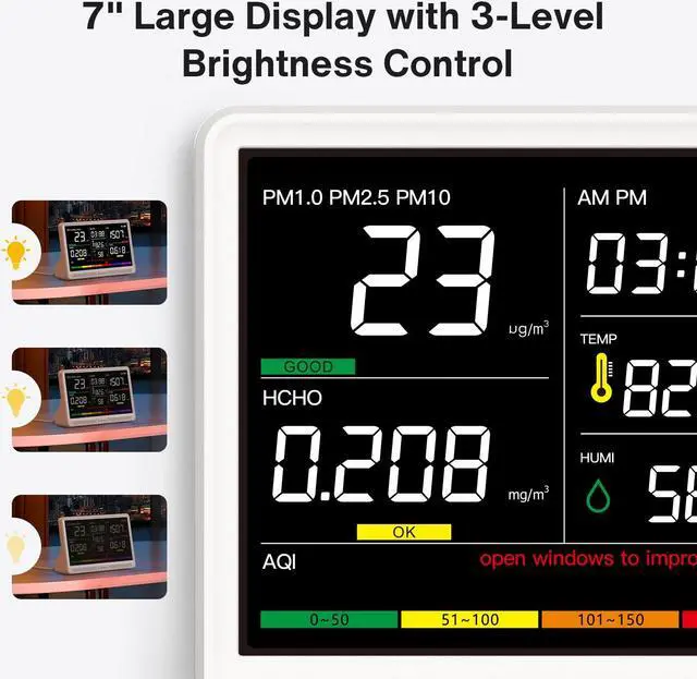 Alt view image 2 of 7 - 7" Display 16 in 1 Detector Air Quality Monitor for Indoor Monitoring