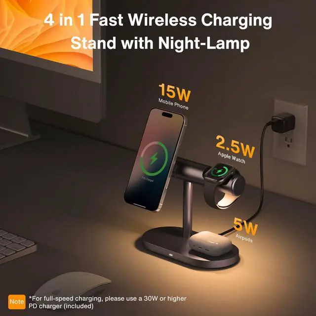 Alt view image 2 of 7 - 4-in-1 Wireless Charging Stand with 3 Level Night Light and Safe Charging Base