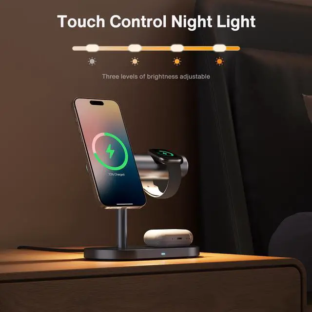 Alt view image 5 of 7 - 4-in-1 Wireless Charging Stand with 3 Level Night Light and Safe Charging Base