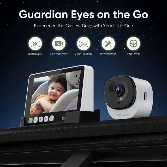 Alt view image 6 of 7 - 2K Baby Car Camera with Full Crystal Night Vision, 5 Inch Baby Car Montior for Back Seat Rear Facing