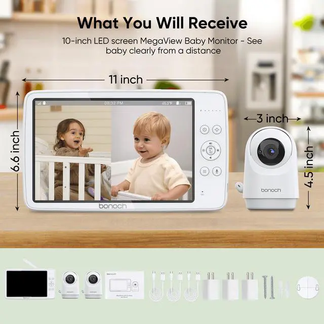 Alt view image 5 of 7 - bonoch MegaView Baby Monitor 10 inch 720P with 2 cameras No Wifi VOX Mode Auto Night Vision Hack Proof