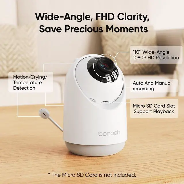 Alt view image 2 of 6 - BONOCH 5.5" 1080P Video Baby Monitor with 2 Cameras, Wireless, Motion Sensor, and Local Storage, White