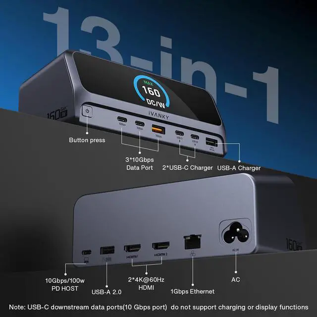 Alt view image 2 of 7 - iVANKY Vertical Aluminum 13-in-1 Thunderbolt Docking Station, 2.26 Inch LCD Status Display, Dual 4K HDMI/DP, 10Gbps USB3.2 Gen2, 160W Max Output, Gigabit Ethernet with Magnetic Base & 80cm Cable