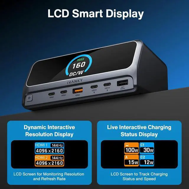 Alt view image 6 of 7 - iVANKY Vertical Aluminum 13-in-1 Thunderbolt Docking Station, 2.26 Inch LCD Status Display, Dual 4K HDMI/DP, 10Gbps USB3.2 Gen2, 160W Max Output, Gigabit Ethernet with Magnetic Base & 80cm Cable