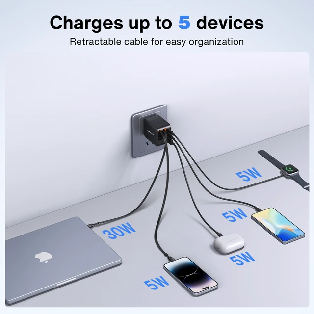 Alt view image 4 of 7 - iVANKY 65W Retractable GaN Wall Charger for MacBook, 5-in-1 USB-C and Lightning, 33.5-inch Cables, PD PPS Fast Charging, 5-Port Power Adapter for iPhone 17/16/15 Pro Max