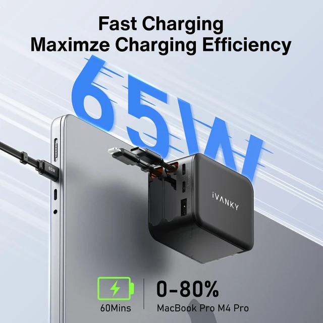 Alt view image 3 of 7 - iVANKY 65W Retractable GaN Wall Charger for MacBook, 5-in-1 USB-C and Lightning, 33.5-inch Cables, PD PPS Fast Charging, 5-Port Power Adapter for iPhone 17/16/15 Pro Max