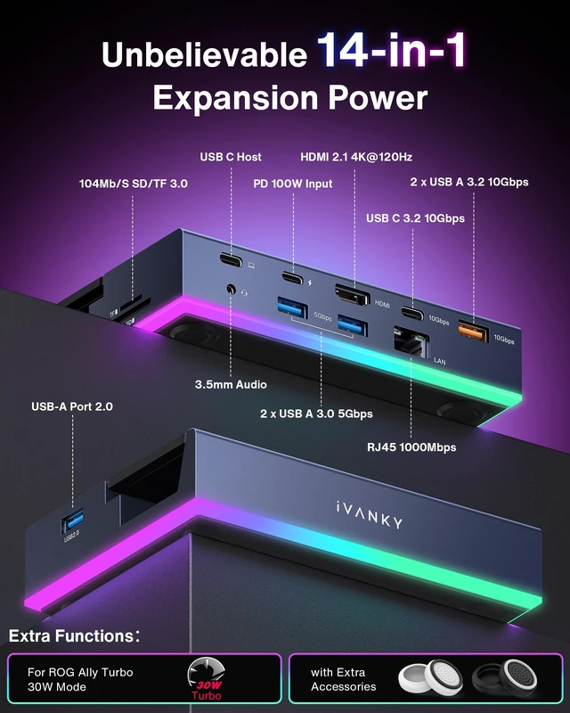 Alt view image 2 of 7 - iVANKY 14-in-1 RGB Docking Station for ROG Xbox Ally X (2025), Steam Deck, Legion Go S, MSI Claw 8 AI, 4K@120Hz, 10Gbps USB 3.2, SD/TF, 1Gbps Ethernet, 100W Charge, Foldable