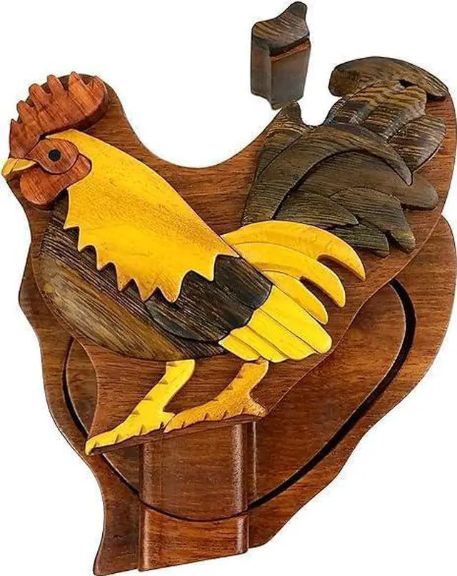 Alt view image 2 of 3 - Rooster - All Natural Wood Intarsia Puzzle Box - Handcrafted with Secret Compartment
